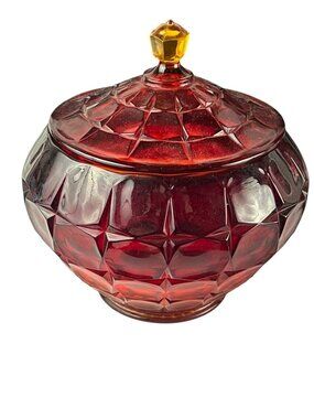 Vintage MCM Tiara Constellation Indiana Ruby Red Amberina Biscuit Jar w/ Lid 7"